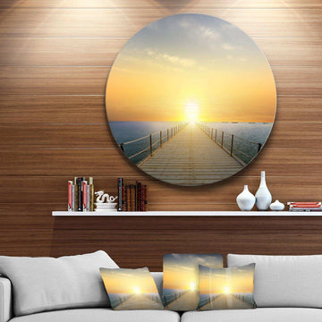 Ocean Sunset with Pier - Sea & Shore Circle Metal Wall Decor